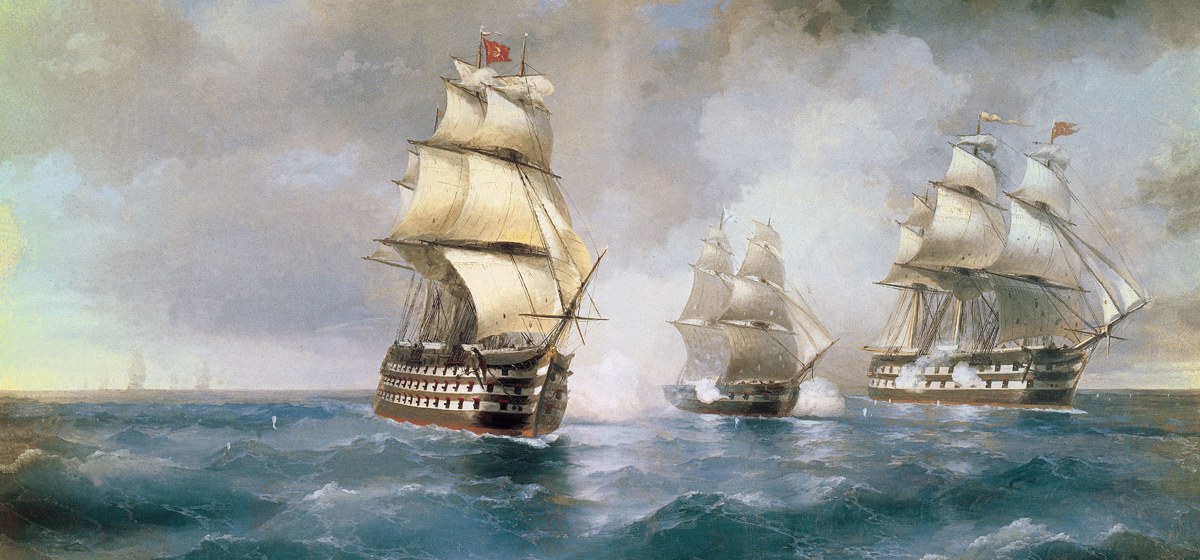 Un bergantín de guerra con todas las velas desplegadas navega entre el humo de los cañonazos, perseguido por dos navíos turcos sobre un mar picado, óleo de Iván Aivazovsky
